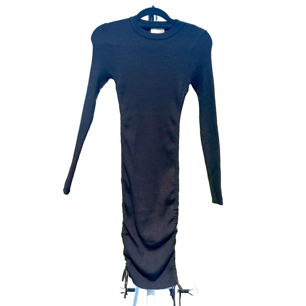 ACOA black ruched sides ribbed long sleeve bodycon dress